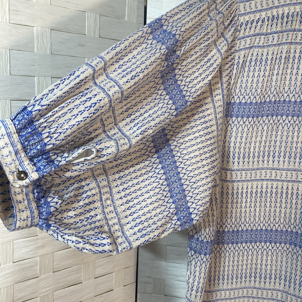 Anthropologie‎ Maeve Lena Blue/Ivory Yarn Dyed Balloon Sleeve Oversized Size XS - Picture 9 of 14